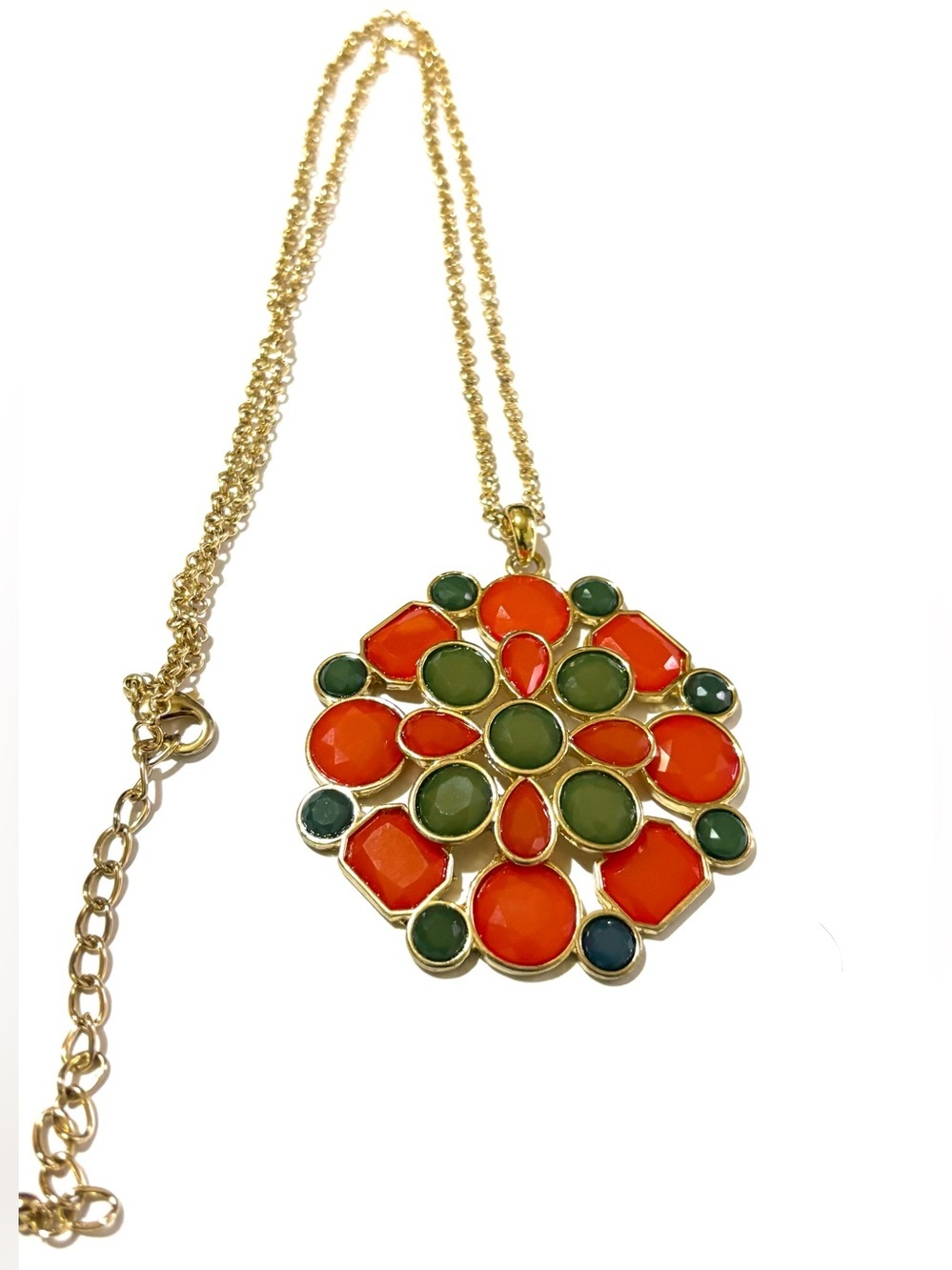 Fashion Jewelry Gold-Tone Orange & Green Floral Medallion Necklace